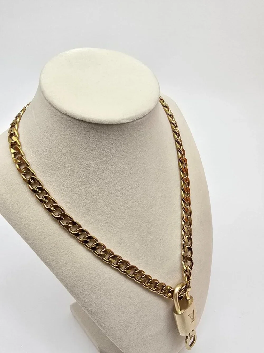 Authentic Louis Vuitgon Gold Padlock Pendant w/ Unbranded Cuban Stainless Steel